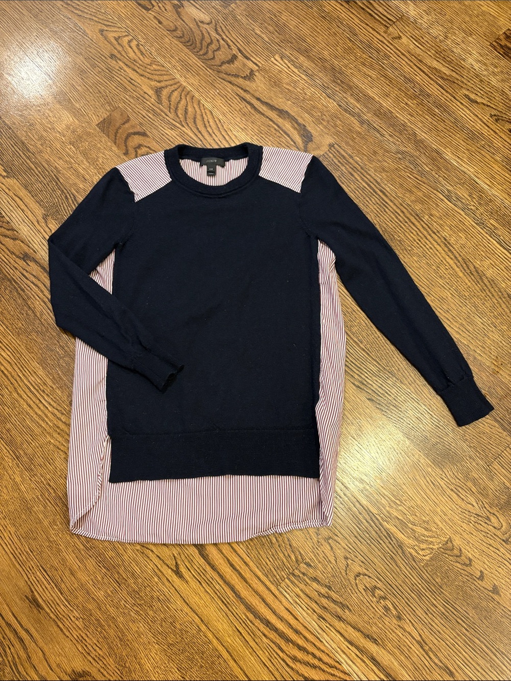J. Crew Navy Knit Sweater with burgundy Striped Back Panel, merino wool, XXS